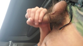 Young latino jerking off bushy dick in car