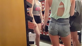 Candid voyeur pale thick teen sneaker shopping