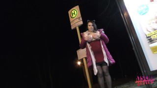 German Brunette in Pink Puffy Jacket and Fur Hood Blowjob