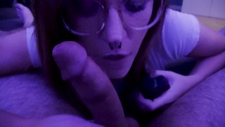 VAPE Blowjob slut eats cum off couch